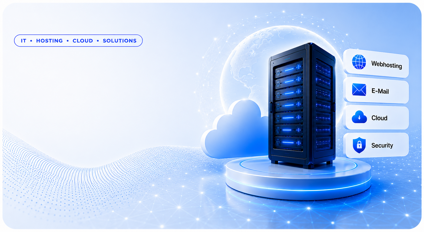 Server, Cloud und Hosting Symbole in einer blauen Technologielandschaft